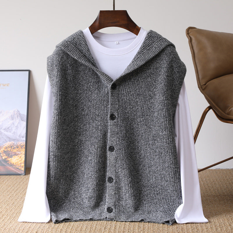 Hooded Cardigan Men's Waistcoat Pure Wool Sleeveless Knitted