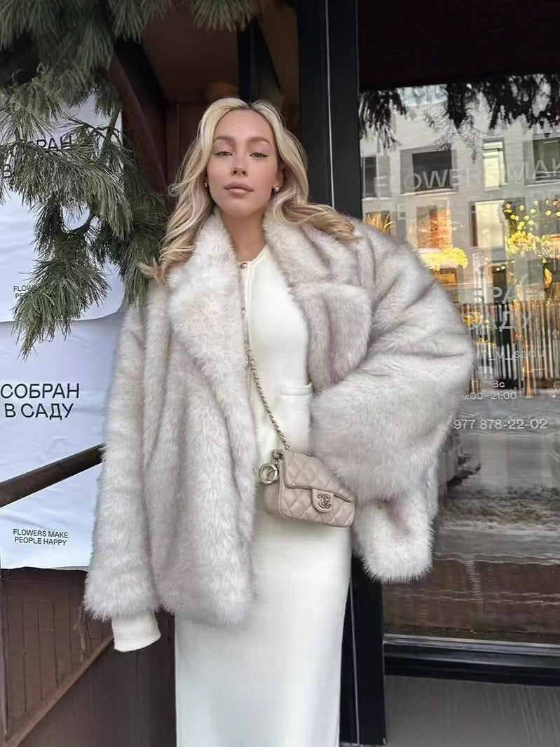 Mid Length Womens Faux Fox Fur Coat With A Blazer Style Collar