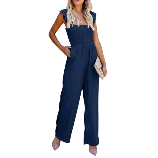 Women's Casual Ruffled Shoulder Straps High Waist Solid Color Wide Leg Jumpsuit