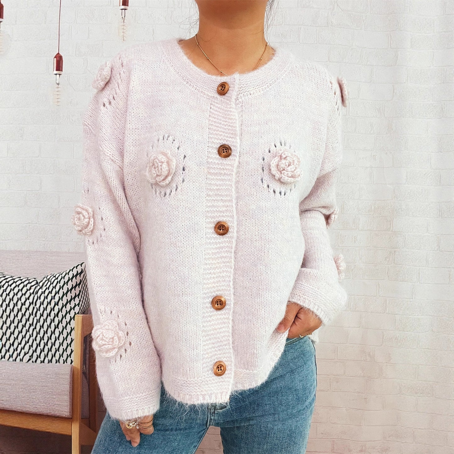 Three-dimensional Flower Cutout Knitted Coat Round Neck Cute Sweater