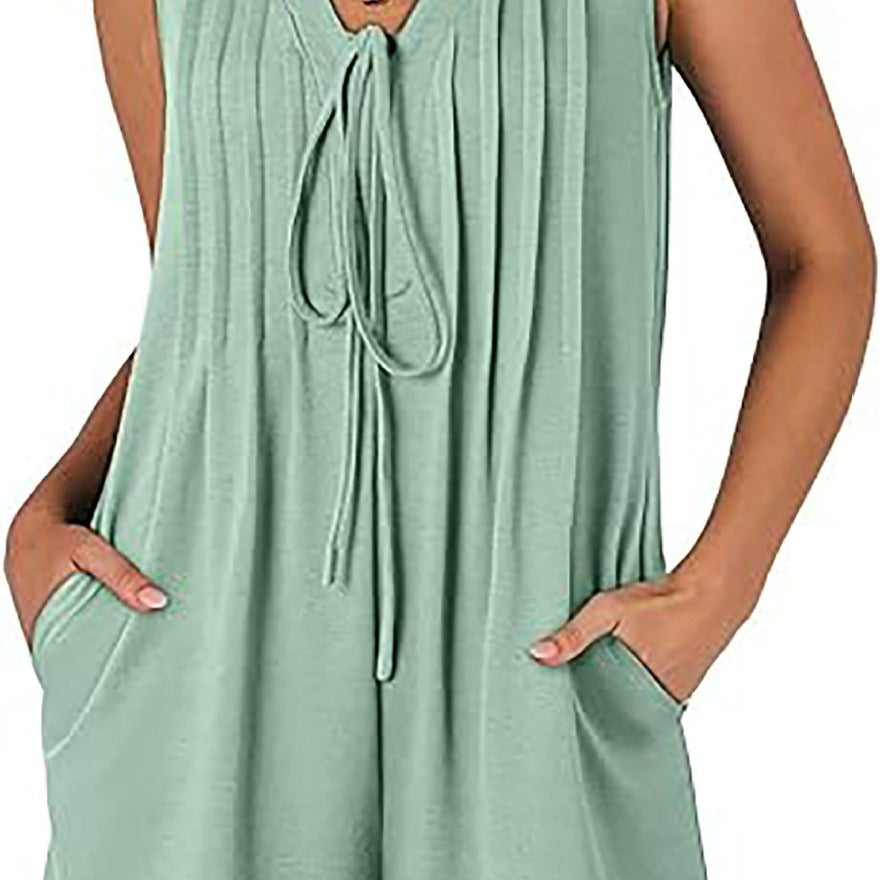 Summer Loose Sleeveless Pleated Front-tie V-neck Short Jumpsuit With Pockets
