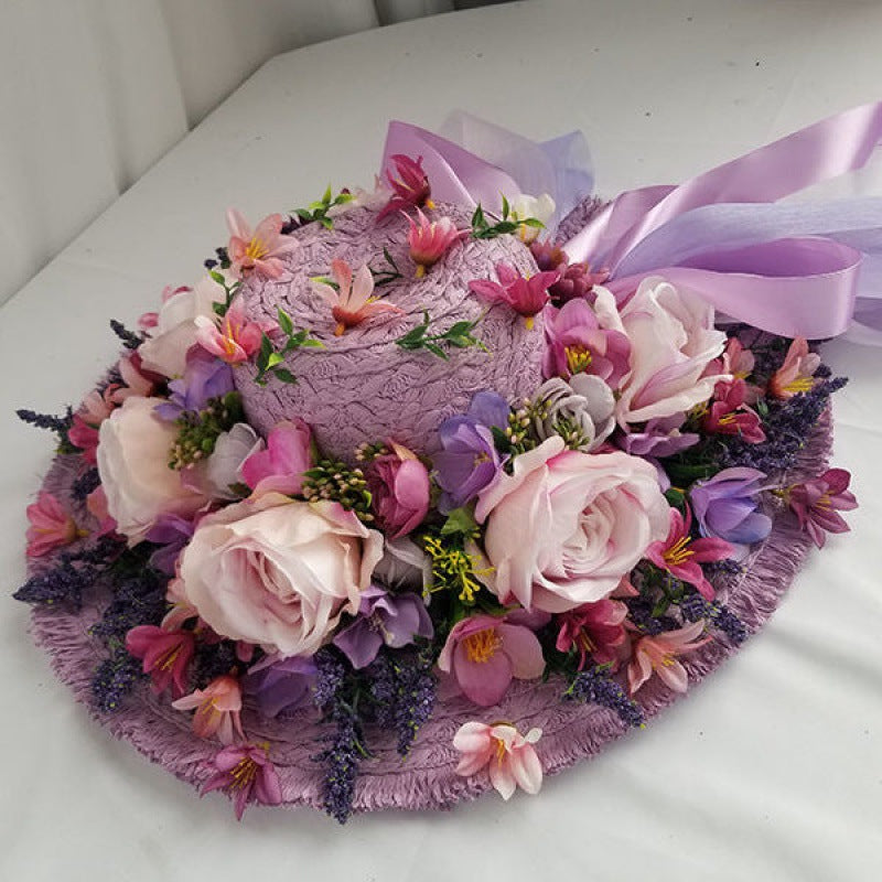 Ladies Fashion Raffia Purple Flower Straw Hat