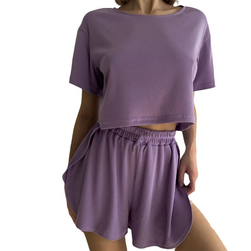 Casual Hollow-out Slit Cropped Pajama Two-piece Set
