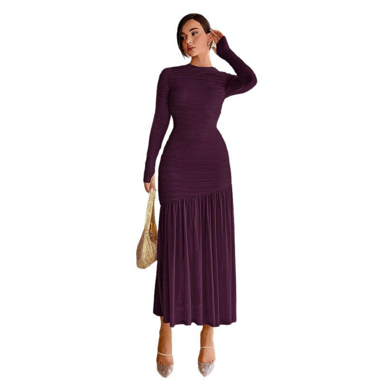Elegant Lace Ruffle Crew-Neck Solid Color Dress