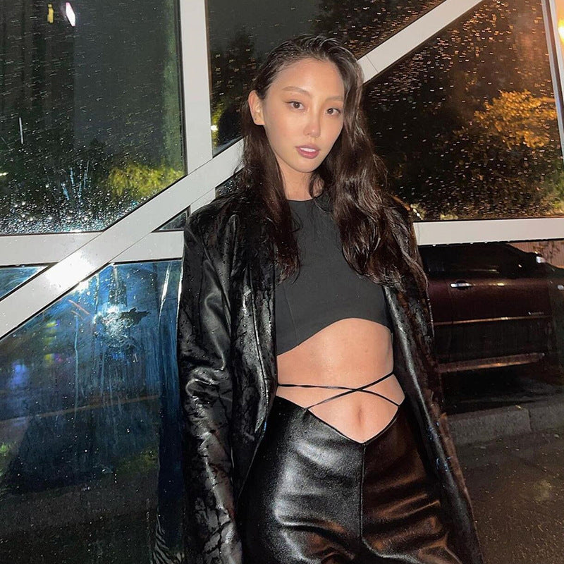 Fashion Women's New High-waisted Straight Tube Wide Leg Bandage Slim PU Leather Casual Pants