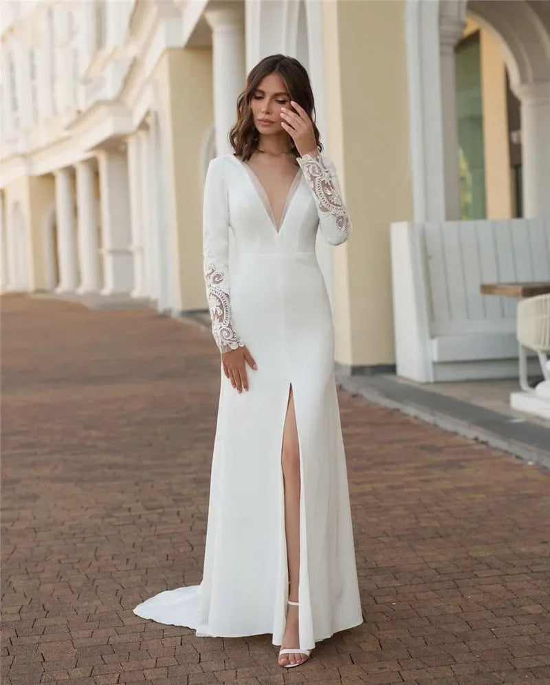 Deep V-neck High-slit Form-fitting Long-sleeve Wedding Gown