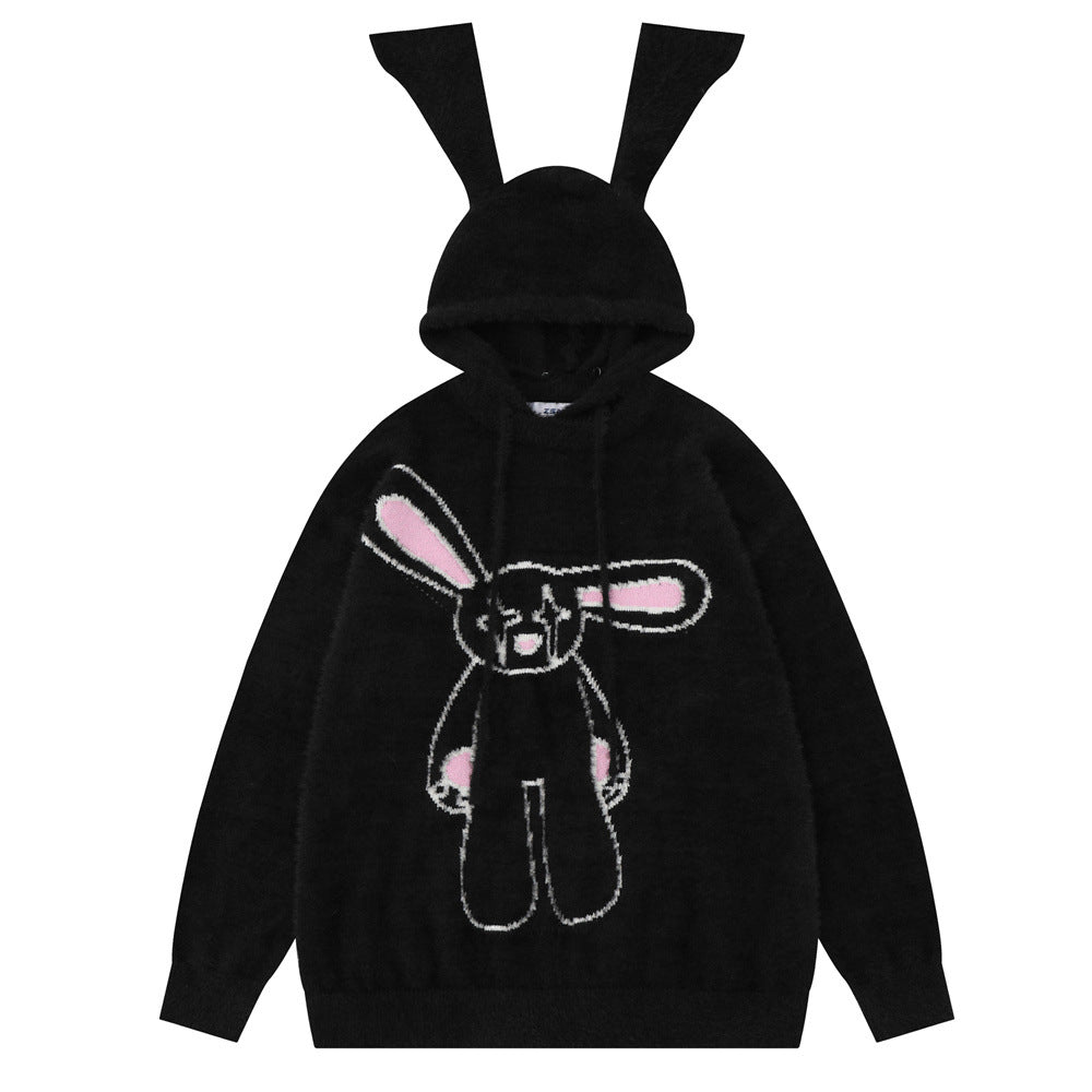Cute Rabbit With Long Ears Hooded Sweater Fake Two Pieces Pullover
