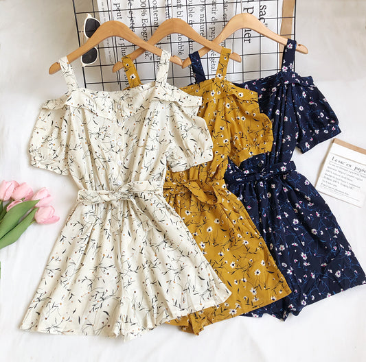 Sling Daisy Print Short Sleeve High Waist Wide Leg Jumpsuit