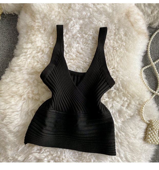 Vest V Neck With Solid Color High Waist Exposed