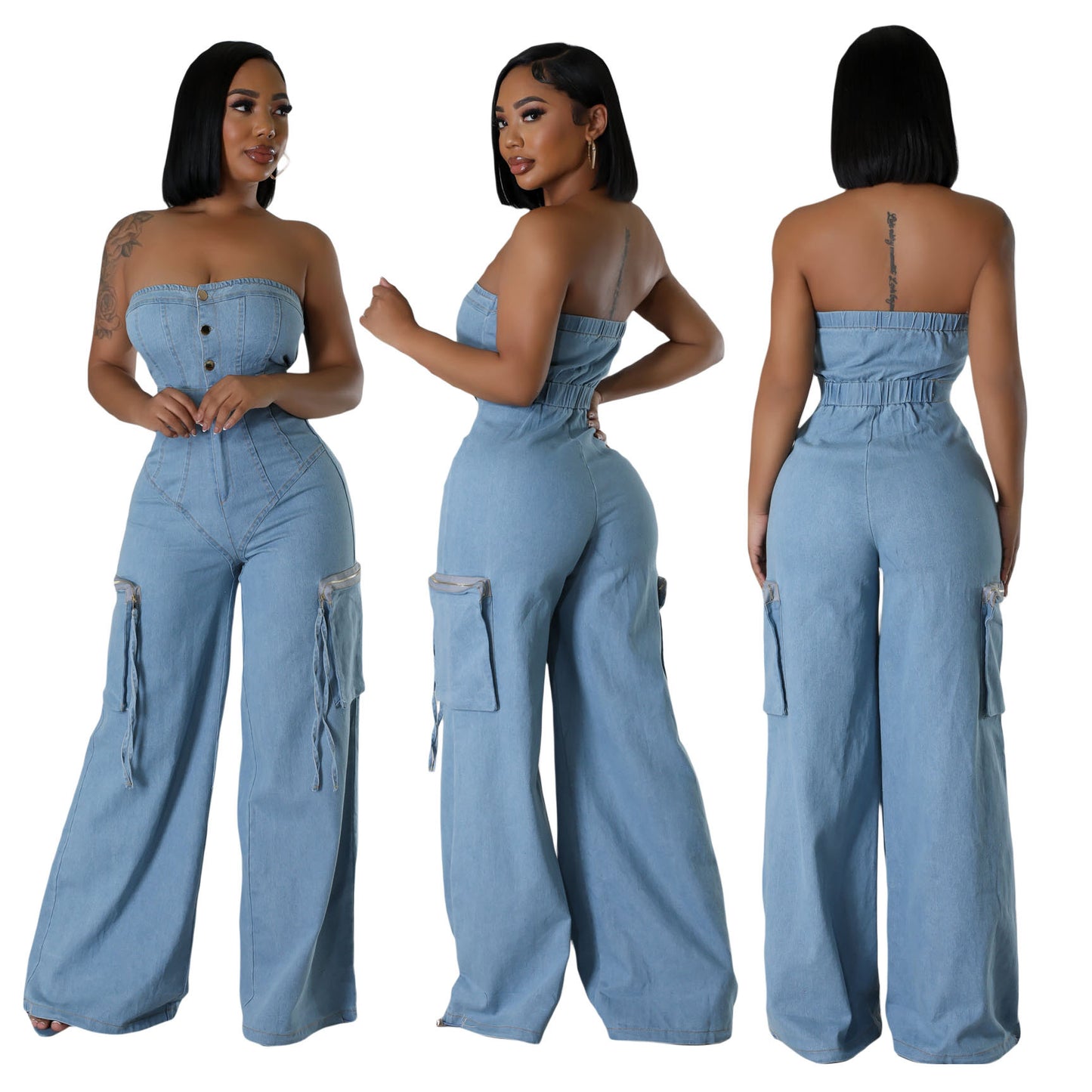 Casual And Fashionable Off-shoulder Jumpsuit For Women Slim-fit Denim Overalls