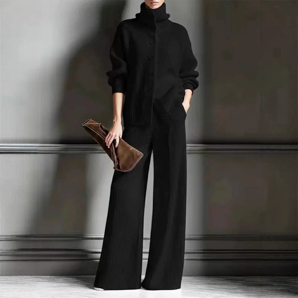 Stylish Womens Casual Knit Turtleneck Wide-Leg Set