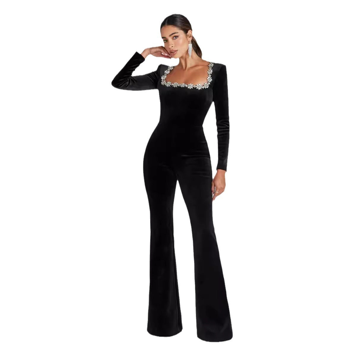 Women's Fashion Diamond Hollow High Waist Slim-fit Solid Color Jumpsuit