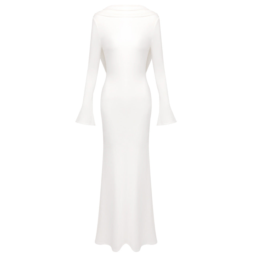 Simple Solid-Color Scoop Neck Backless Pleated Bodycon Long-Sleeve Dress