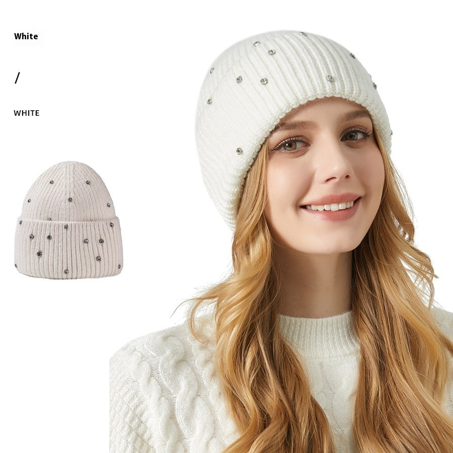 Exquisite Rhinestone Angola Rabbit Fur Hat Thickened Elastic Knitted Hat