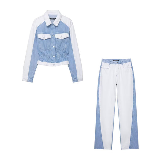 Women's Patchwork Denim Jacket Coat Mid-waist Straight Jeans