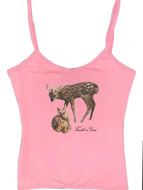 Female Deer Print Girl Bow Knitted Spaghetti-strap Camisole Top