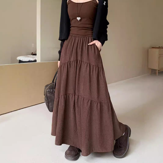 Pleated Stitching Elastic Waist Loose All-match Large Swing A- Line Dress