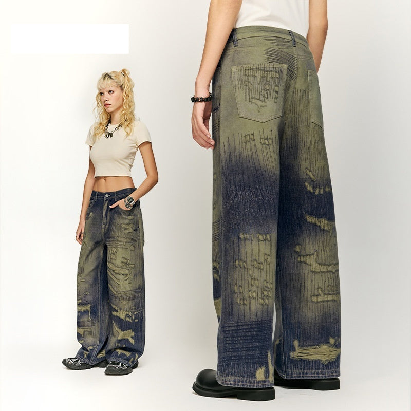 Autumn And Winter New American Street Fashion Printed Denim Wide Leg Pants For Men