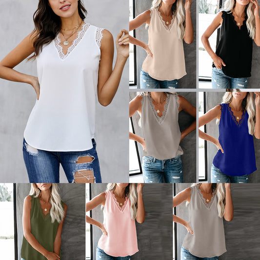 Bundvest T-shirt Dame Sommer Europæisk Og Amerikansk V-hals Blonde Ærmeløs Løs Top 253064