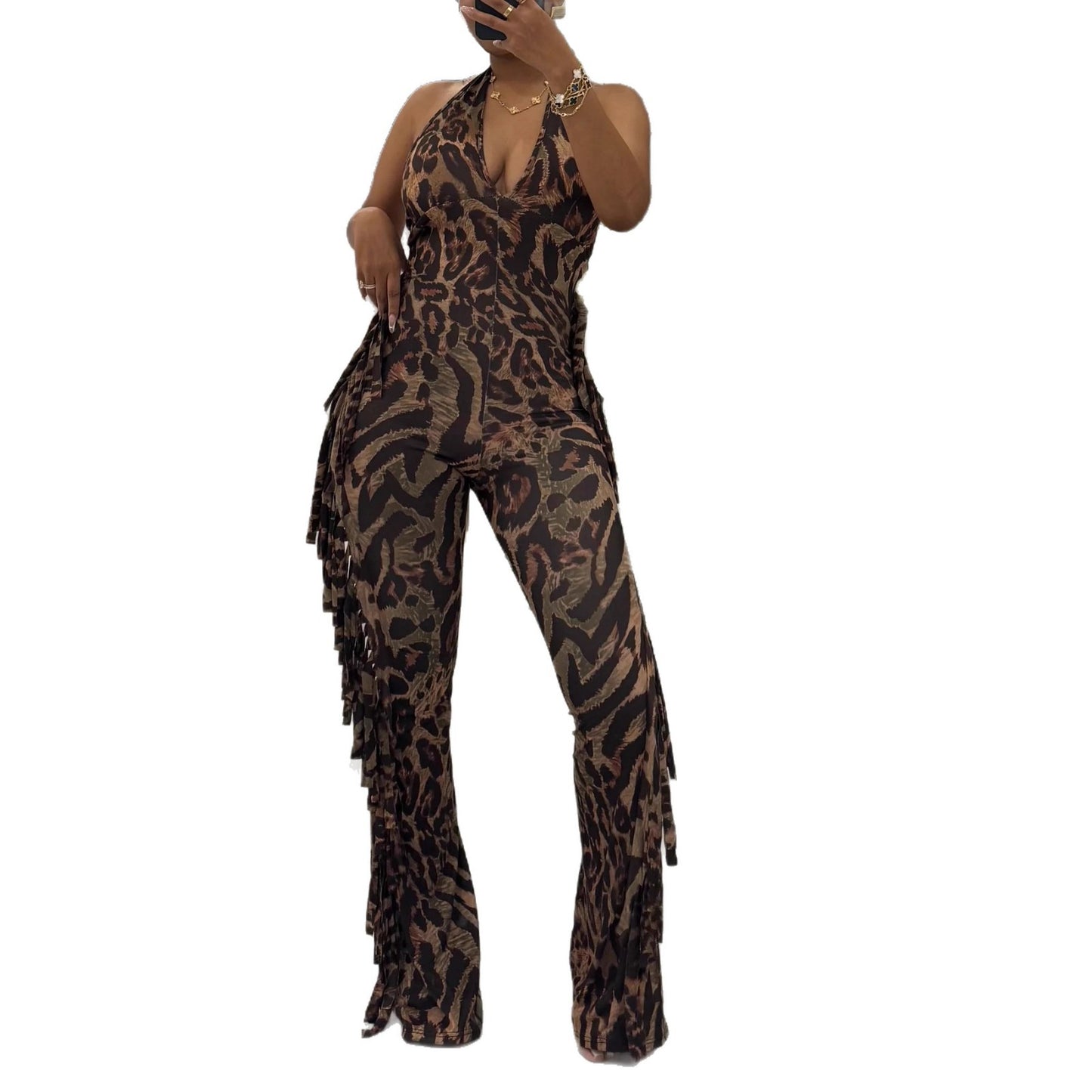 Stretchy Backless Fringed Printed Halterneck Flared Jumpsuit With Tie-up Straps