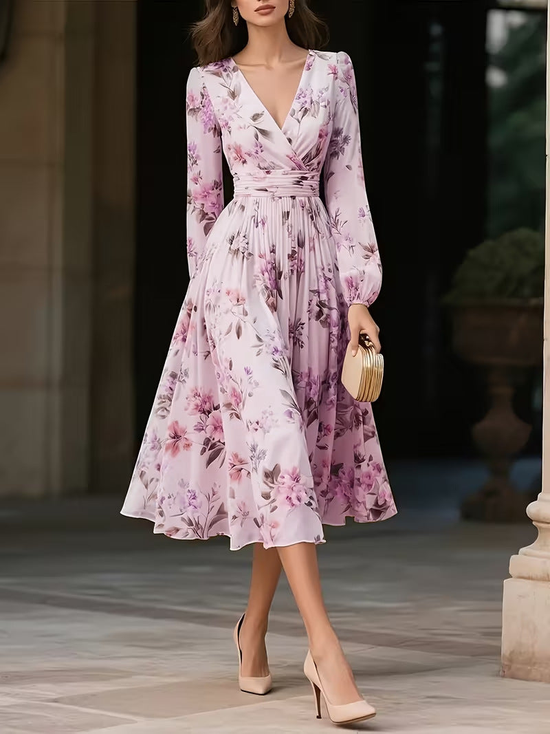 Elegant V-Neck Long-Sleeve Womens Dress With Print