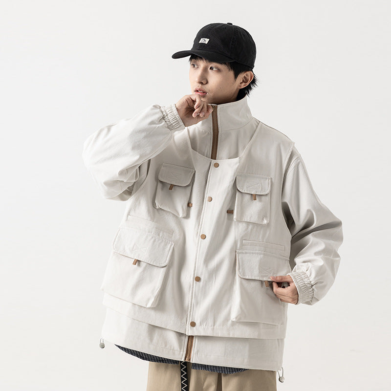 Stand Collar Loose Multi-pocket Charge Jacket Retro Fake Two-pieces Coats