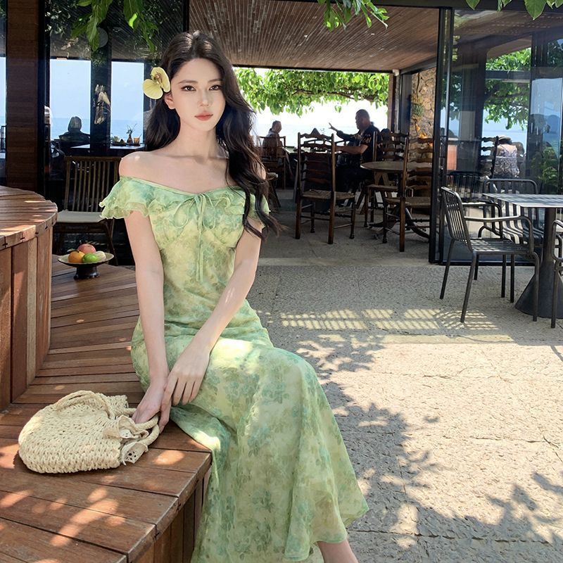 Fresh Beachy Getaway Dress In Green With A Dainty Floral Print And Cap Sleeves