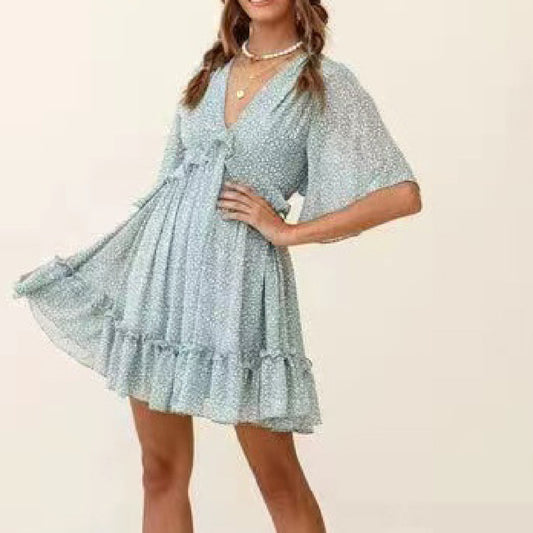 Fashionable Printed V-Neck Ruffle Womens Dress