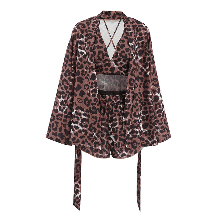 Sexy Leopard-Print Loose And Cozy Long-Sleeve Underwear And Shorts Set Loungewear