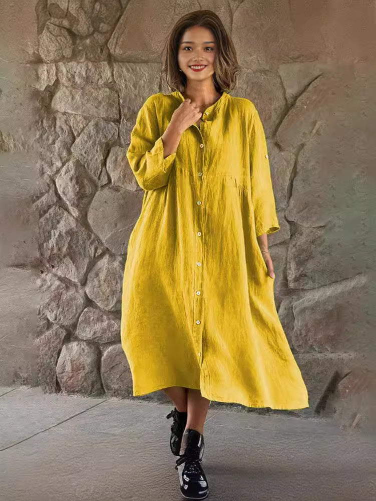 Casual Standing Collar Button Long Dress