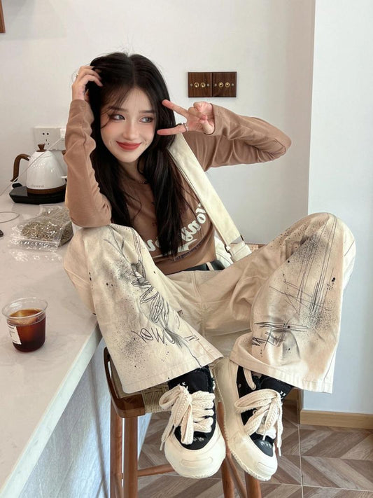 Speckle Ink Wide Leg Jeans For Women Loose High Waist Thin