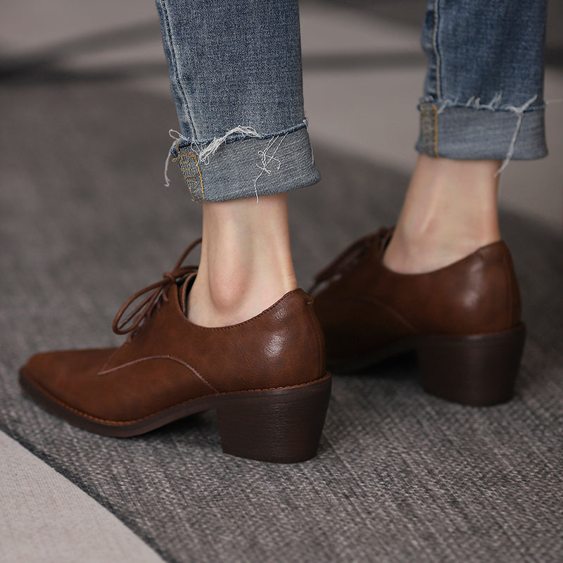 Women's Mid Heel Brown Deep Mouth Leather Pointed Toe Work Shoes