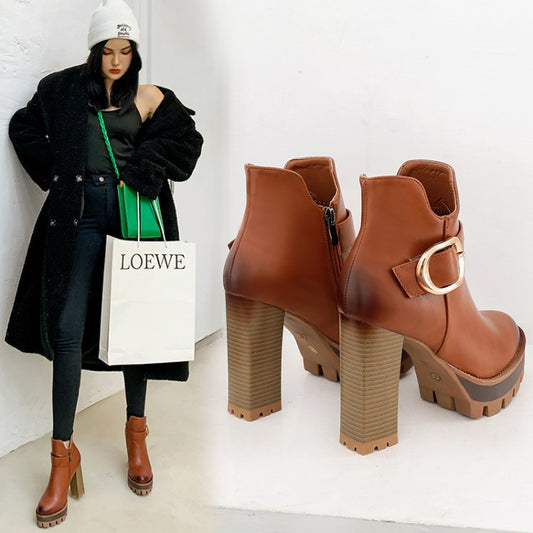 Belt Buckle Short Tube Waterproof Platform High Heel Short Women's Boots