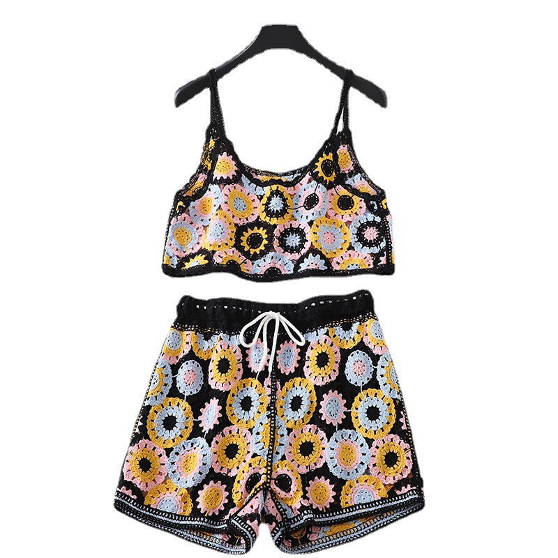Top High Waist Embroidery Shorts Two-piece Set