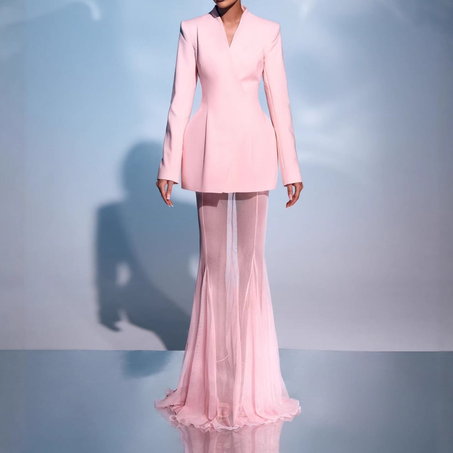 Women's Elegant Waist-Cinching Suit Jacket And Mesh Skirt Set