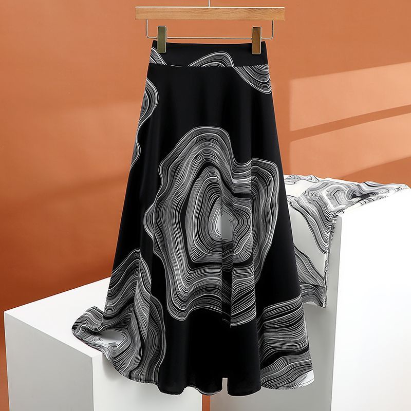 Satin Skirt Printed Color High Waist Slimming Mid-length Thin