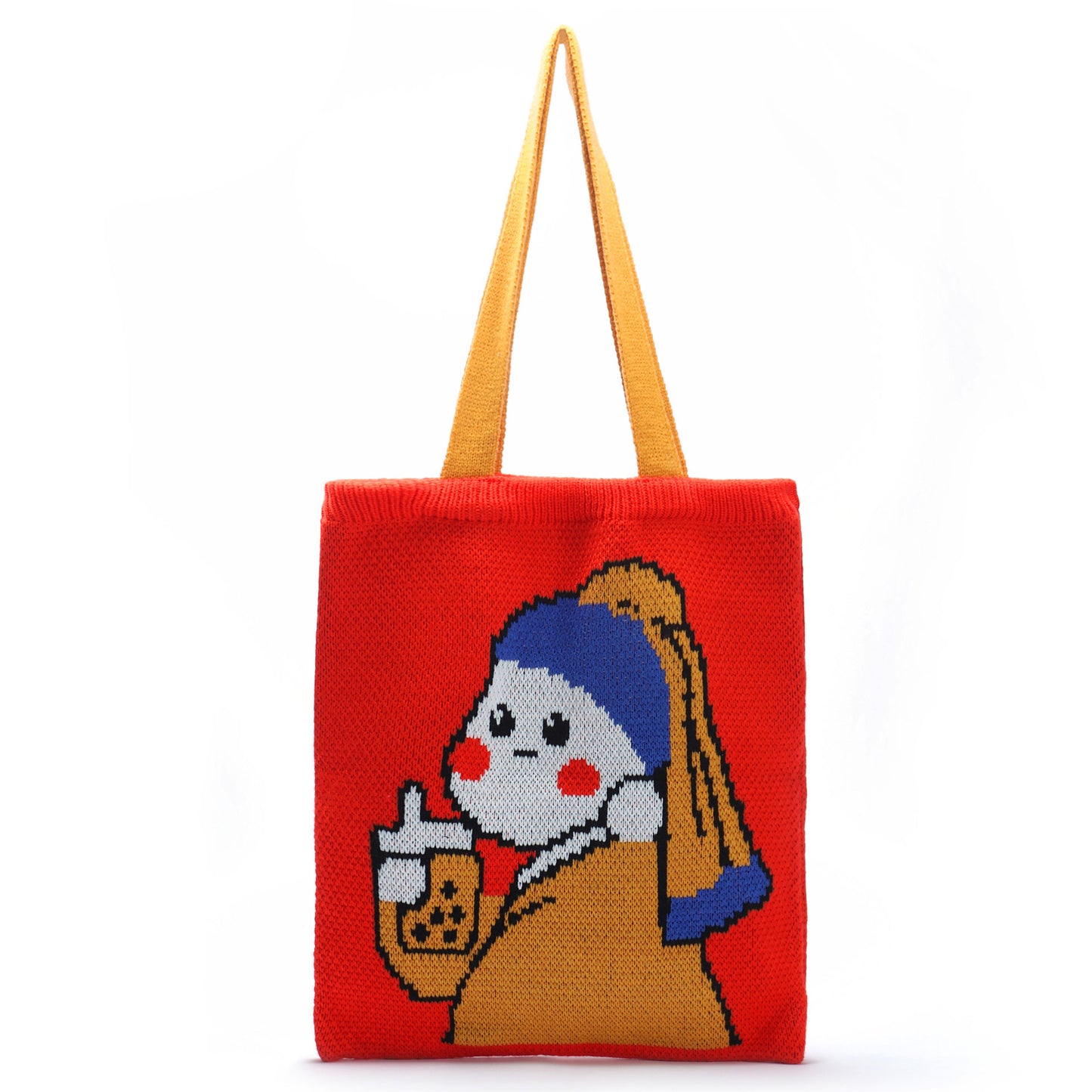Girl Woven Bag Portable With Pearl Earrings