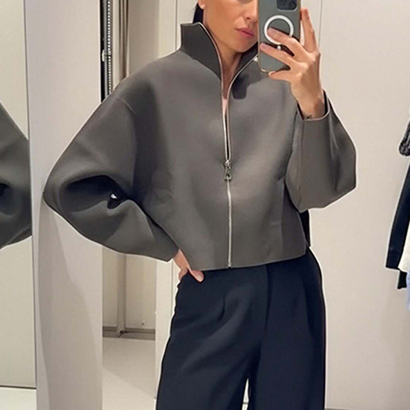 Solid Color Casual Stand Collar Zip Loose Jacket Coat Women