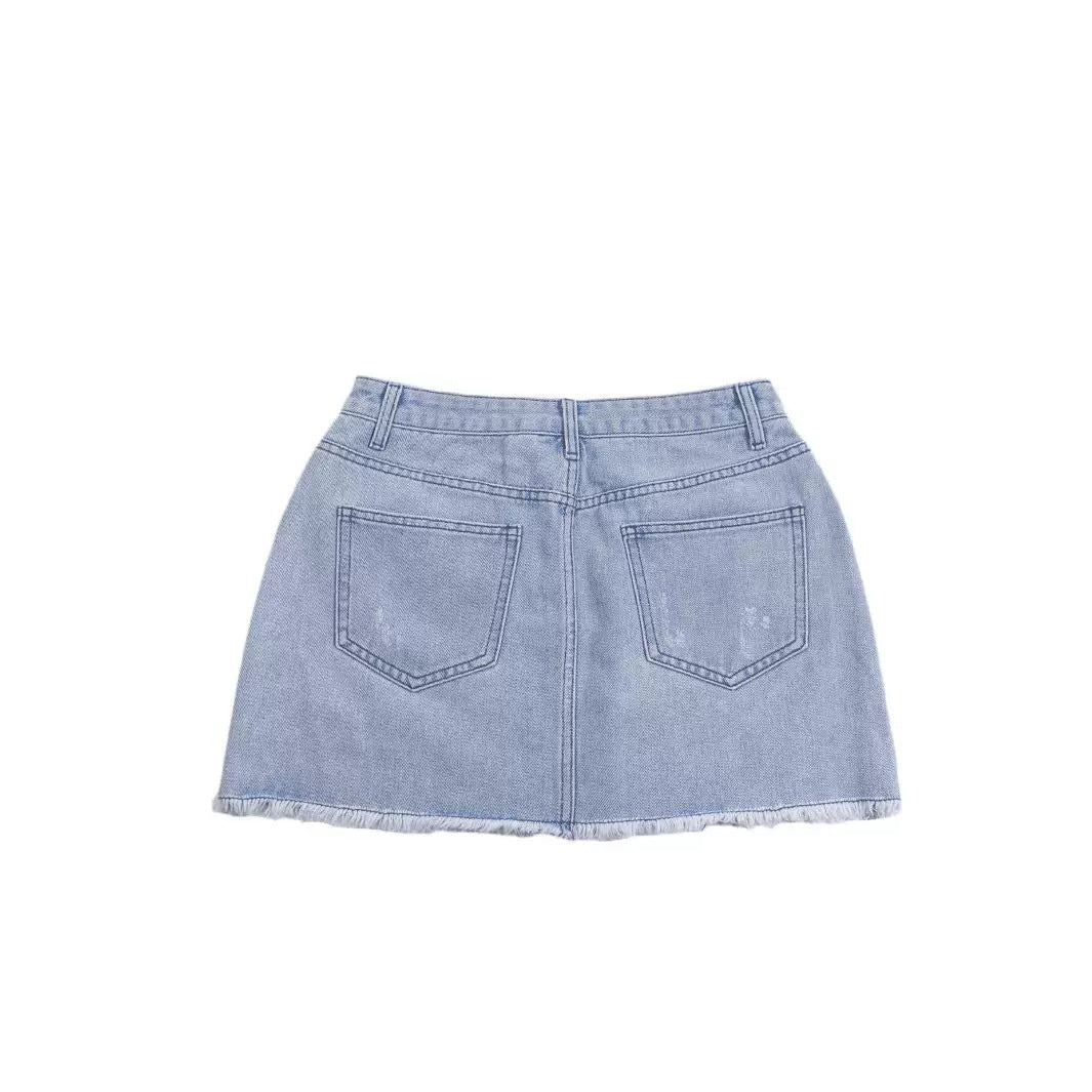 Ripped Denim Mini With Raw Hem Street-style Casual Denim Skirt Featuring Pockets