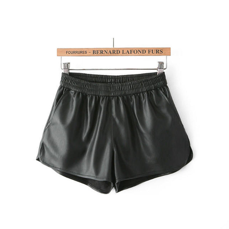 Women's PU Leather Elastic Waist Leather Casual Shorts