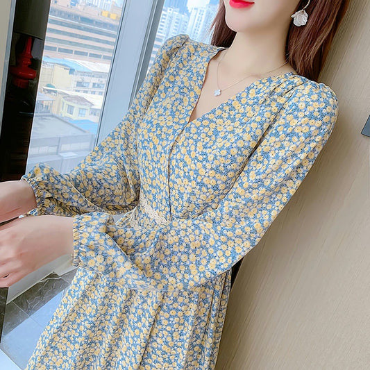Womens New Floral Dress With A French Collar And Defined Waistline