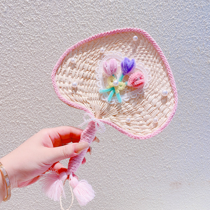 Sweet Flowers Lace Love Woven Handbag Pearl Handheld Fan