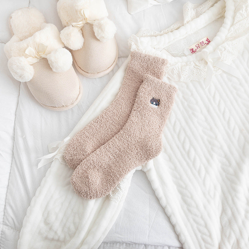 Half Velvet Socks Embroidered Squirrel Middle Tube Thick Warm Towel Socks