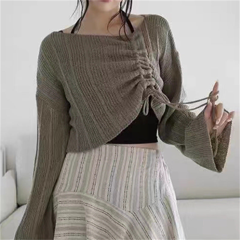 Knitwear High-grade Short Off-shoulder Long-sleeved Top Two-piece Set