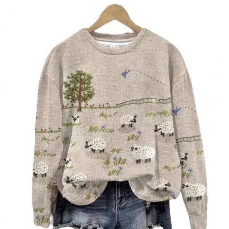Womens Fresh And Casual Crew-Neck Printed Sweatshirt Top