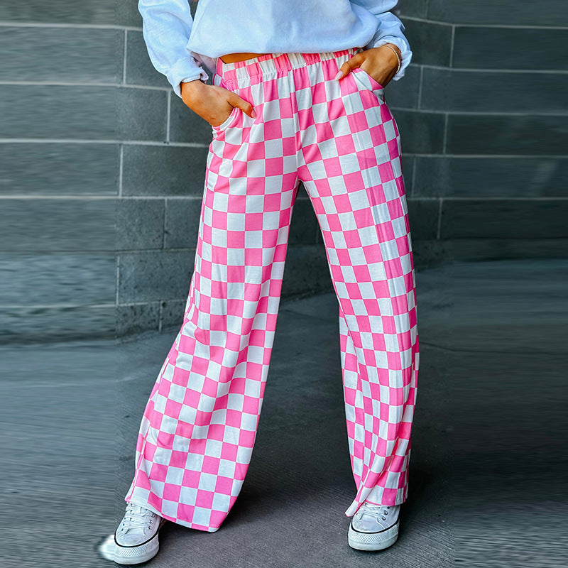 Spring New Chessboard Plaid Printed Casual All-match Loose Wide-leg Pants