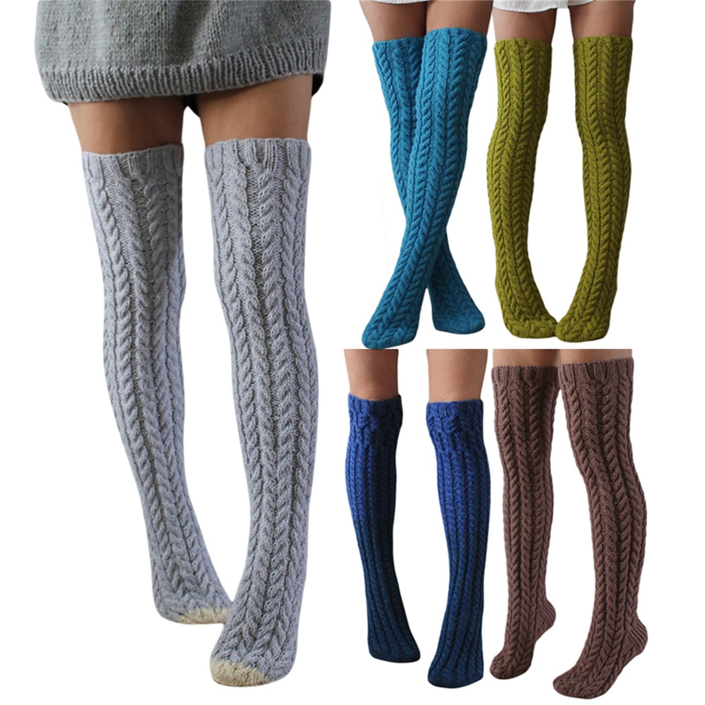 Five-Color Twist Over The Knee Solid Color Long Knitted Woolen Yarn Socks