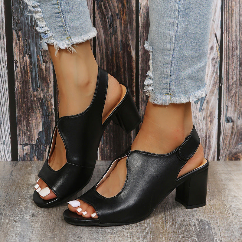 Leather Shoes Deep Cut Middle Heel Hollow Out Sandals Women's Shoes