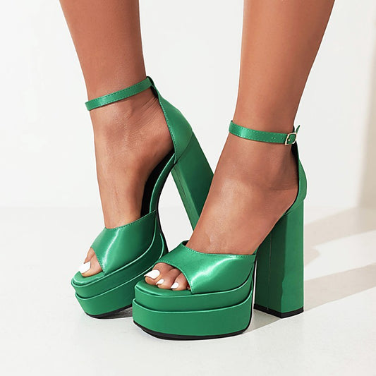 Silky Fish Mouth Chunky High Heel Sandals
