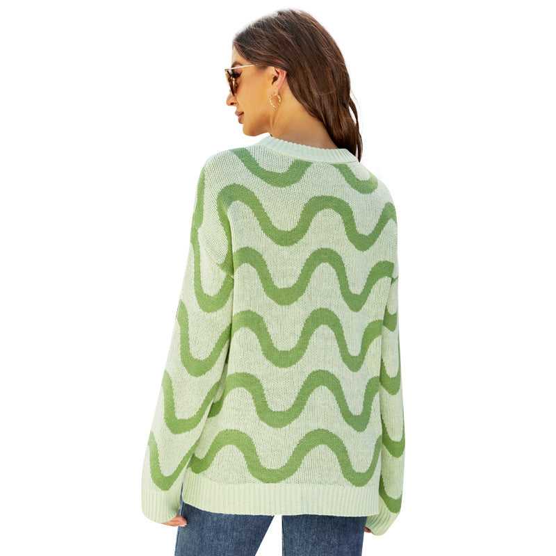 Loose-fitting Casual Round-neck Wave Brocade Sweater